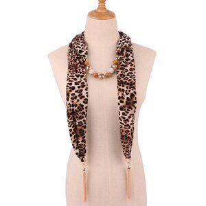 2/$30 Brown Leopard Print Scarf Necklace with Beaded Chain Tassel Pendant